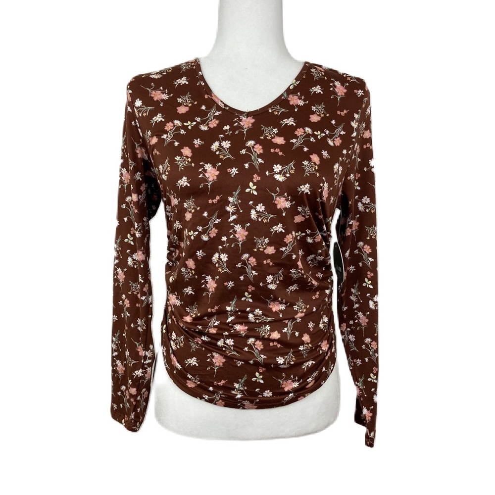 NWT Jolie & Joy by fctc Brown floral print top long sleeve size L